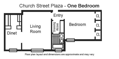 Floor plan for 1 bed, 1 bath